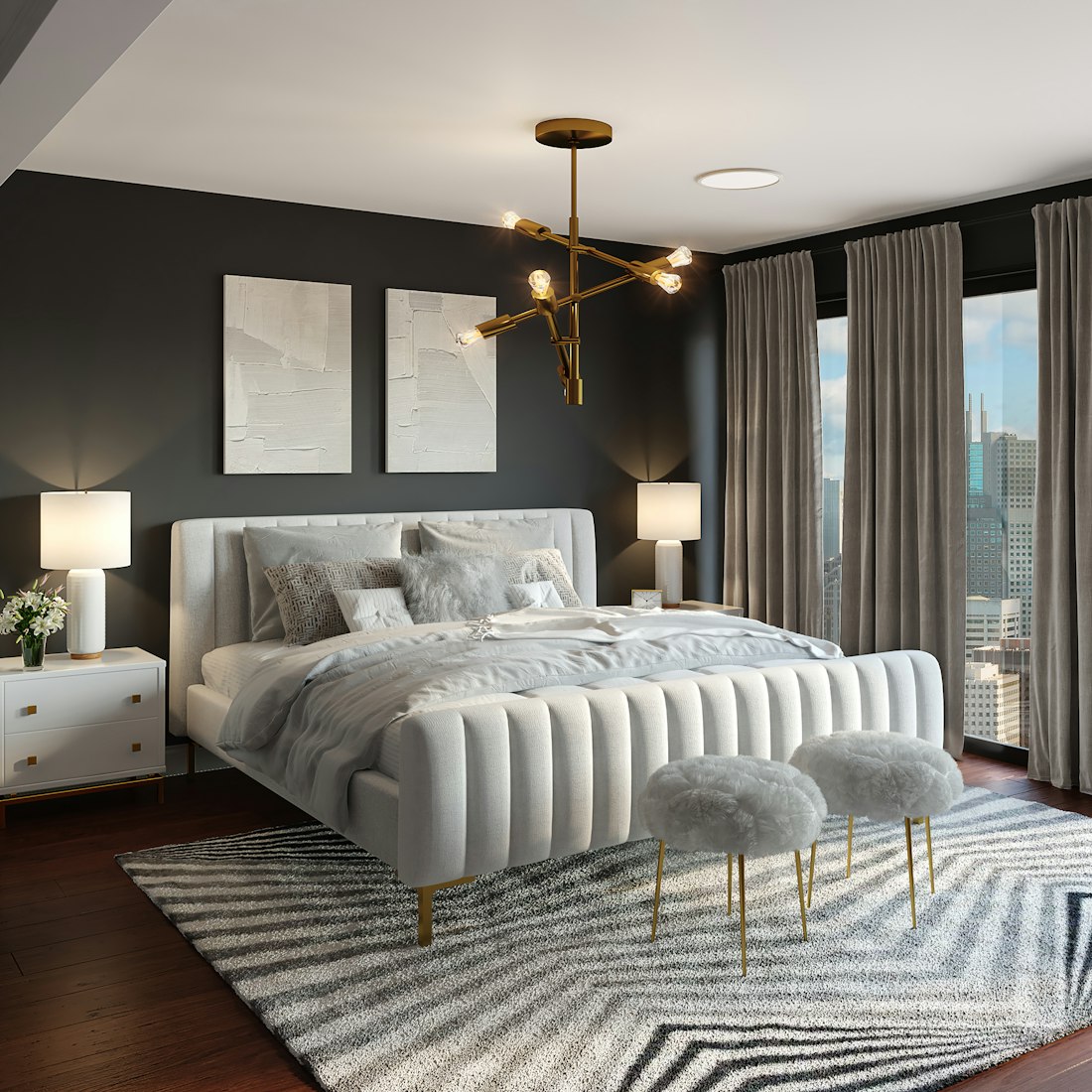 Interior acogedor de cabaña de madera con cama king